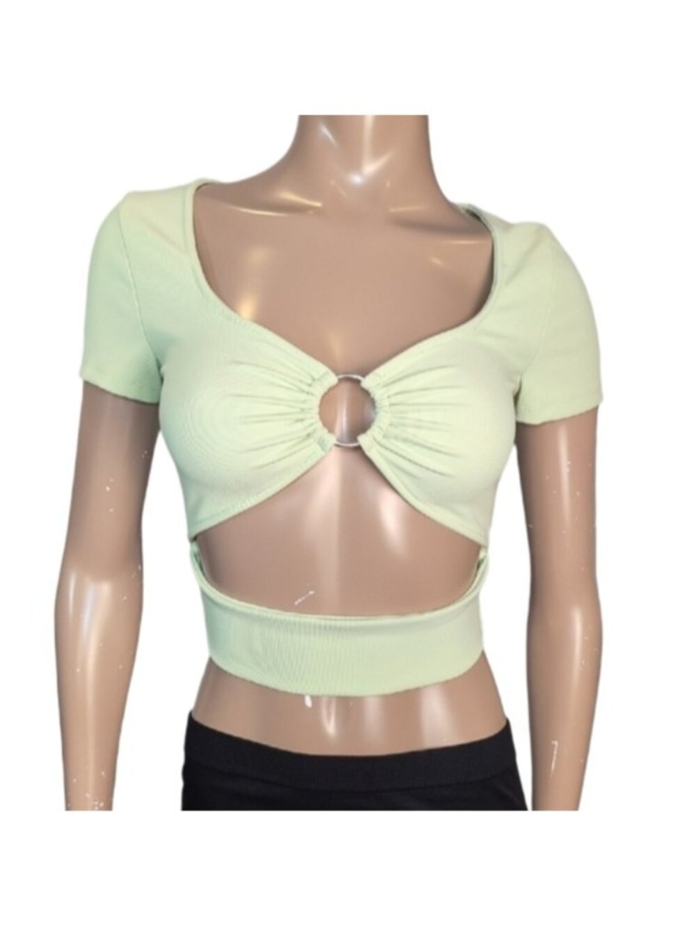 💠 Twik Ribbed O-Ring Crop Top Womens Size Small Short Sleeve Green Cut Out
